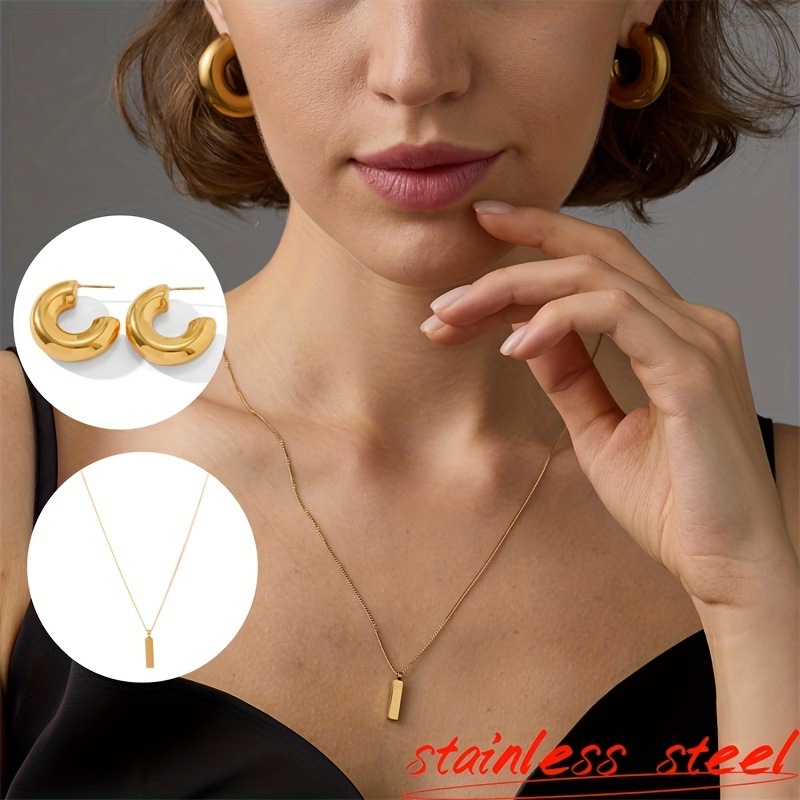 Minimalist Pendant Necklace & C-Shaped Polished Earrings Set