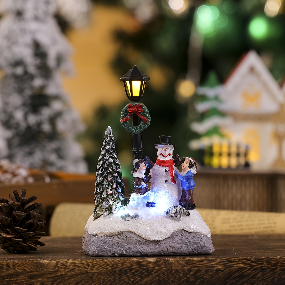 TEMU 1 Piece, New Christmas Decorative Resin House Micro-landscape Illuminated Snowman Tabletop Ornament - Collectible Figurine Gift