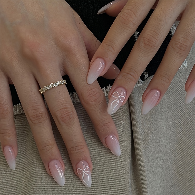 TEMU 24pcs Gradient Nude Press On Nails Medium Almond Shape - Hand-drawn 3d Bowknot & Accents, Reusable Fake Nails With Glossy Finish For Women & S,