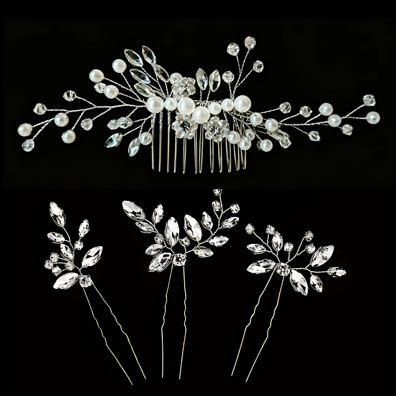 TEMU 4pcs Bridal Wedding Hair Side Comb Clips With , And Flower Headpiece &ndash; Elegant Accessories For Ceremony & Reception