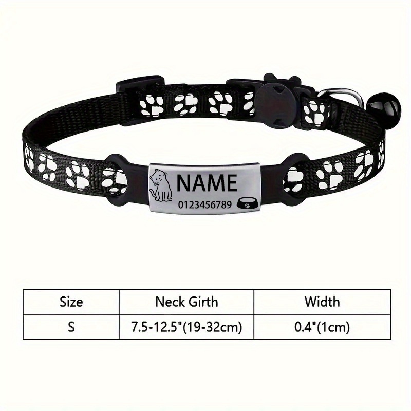 TEMU Personalized Cute Paw Print Reflective Pet Collar With Nameplate, Featuring A Kitten Paw Print Design. Customizable Engraving For And Owner's