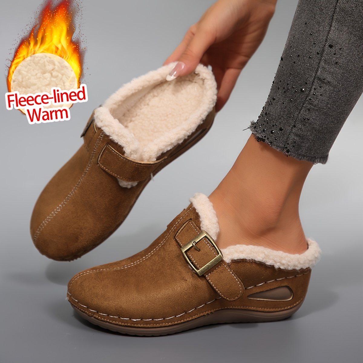 TEMU Women's Winter Elegant And Stylish Plush-lined Thickened Wedge Mules, And Remove, Versatile For Daily Commuting, Casual And Comfortable Women's