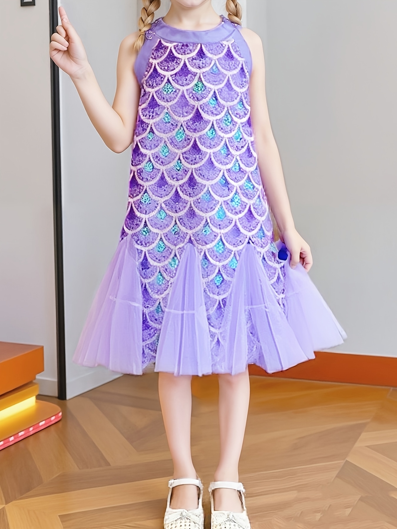blue dress for baby girl Tween Girls' Off Shoulder Ruffle Trim Sequin Mermaid Dress – Elonnashop