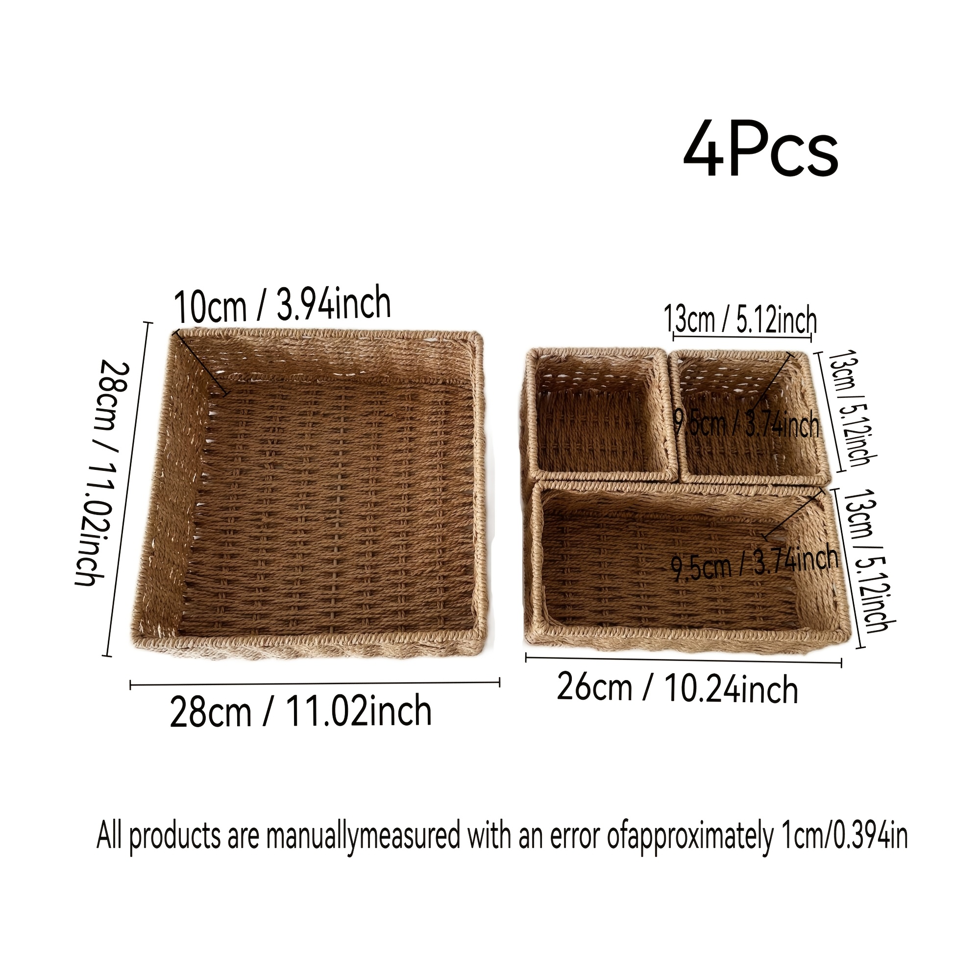 TEMU 4pcs Paper Rope Woven Storage Shelf Baskets 3 Sizes Decor Organizer Bins, Bathroom Counter Bedroom Shelf Storage Containers, Khaki/black/sage
