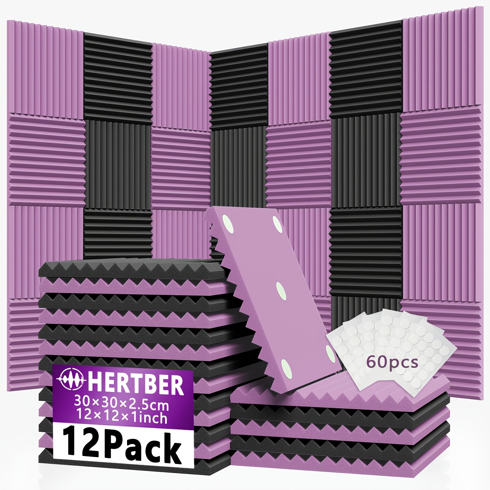 TEMU [HERTBER] 12 panneaux acoustiques contrastés noir violet avec ensemble adhésif de 60 pièces 30X30X2.5Cm haute insonorisé adapté pour chambre à