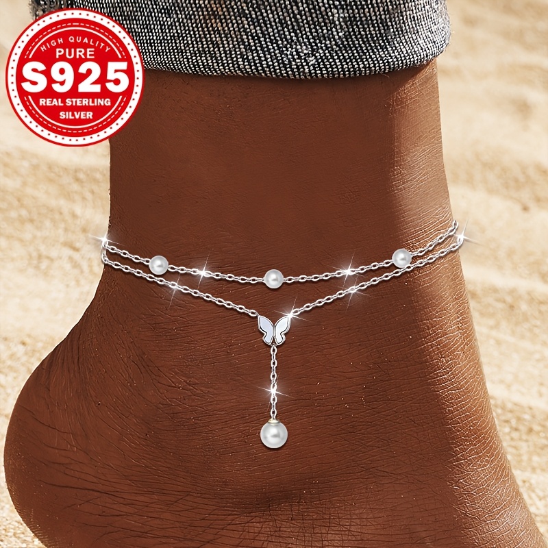 double layer   anklet s925 silver hypoallergenic with lily of the valley inlay elegant and versatile for parties or summer     perfect gift for women