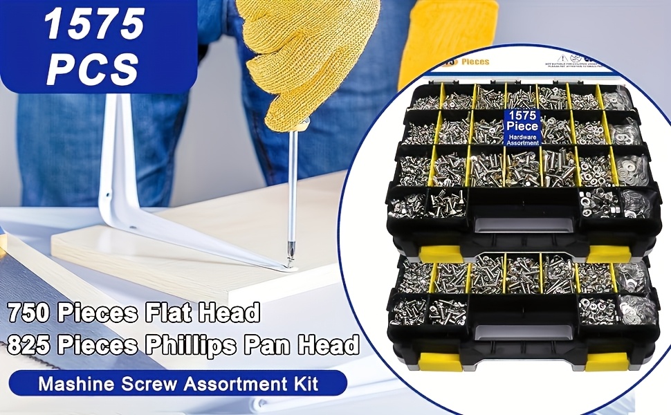 Kit de 1575 Piezas de Tornillos y Tuercas, Acero Inoxidable 304 con Cabeza Phillips y Plana, Arandelas Combinadas, Duradero en Caja de Almacenamiento Doble Cara