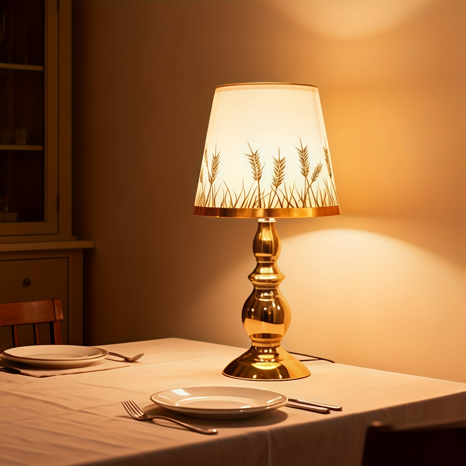 Dimmable USB Lamp with Metal Base and Cloth Wheat Shade