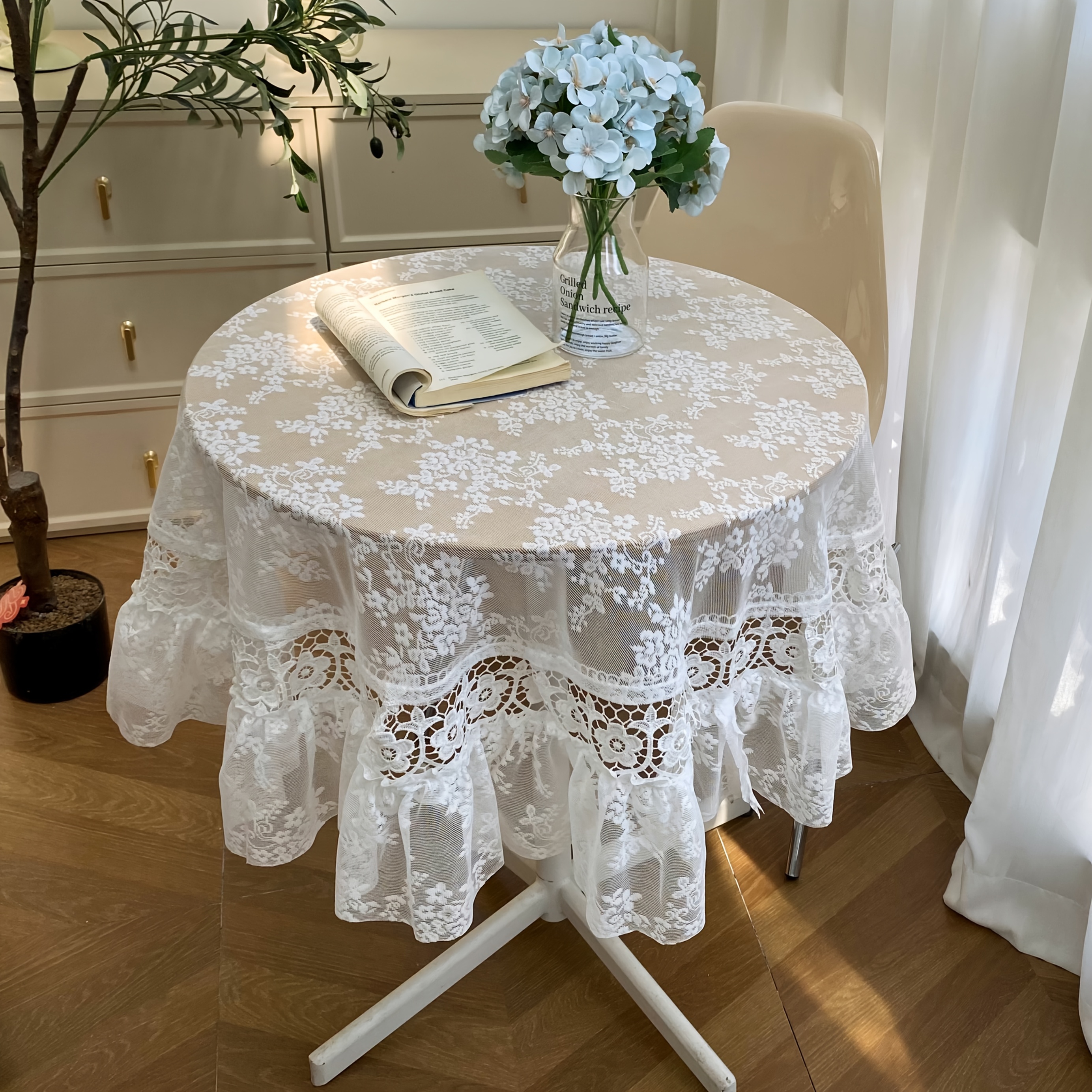 1pc round white tablecloth with lace embroidery polyester fabric material suitable for party decoration   style floral farmhouse decor outdoor small round table garden tablecloth coffee shop restaurant tablecloth wedding layout and holiday dressing 0