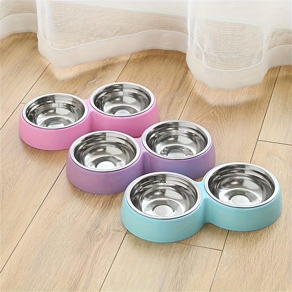 

Plastic Pet Double Bowl 2 In 1 Stainless Steel Dog Food And Water Bowl Set With Non-slip Stand, Pet Feeding Supplies