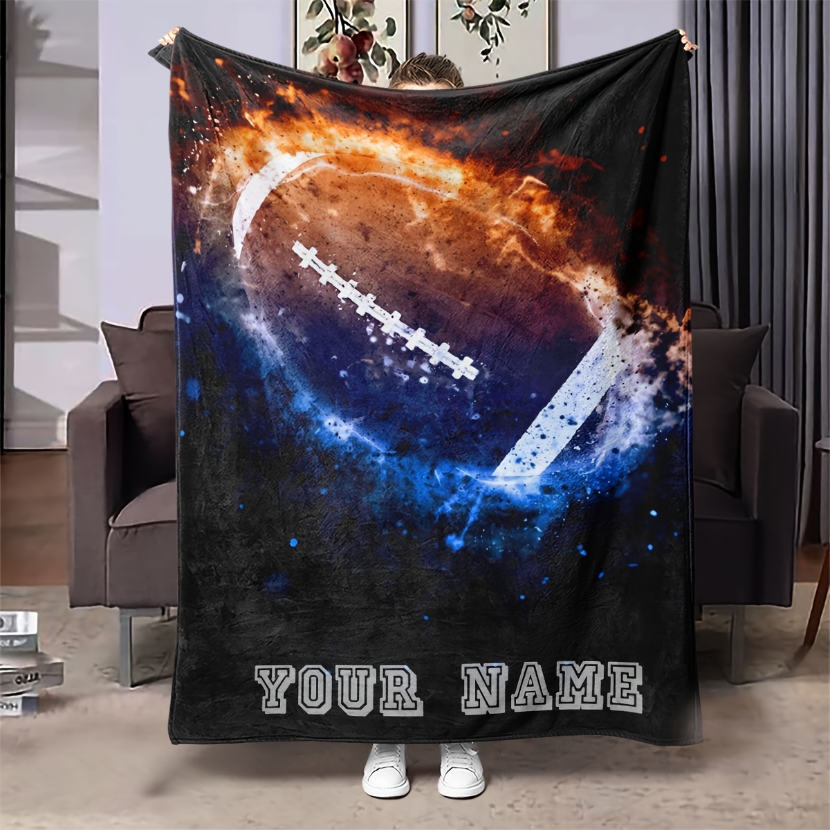 

Customizable Flame Football Text Print Blanket - Cozy Flannel, All-season Gift For Sports Fans