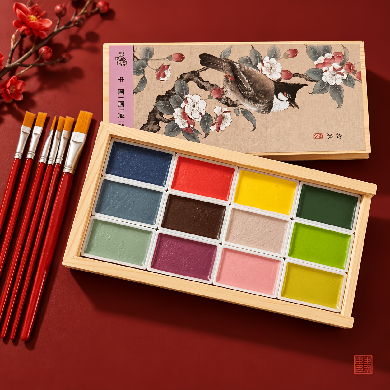 TEMU 12-color Solid Watercolor Paint Set With 6 Flat Brushes, 7.2ml Large-capacity Pans, Portable Wooden Box Painting Kit For Travel & Studio,