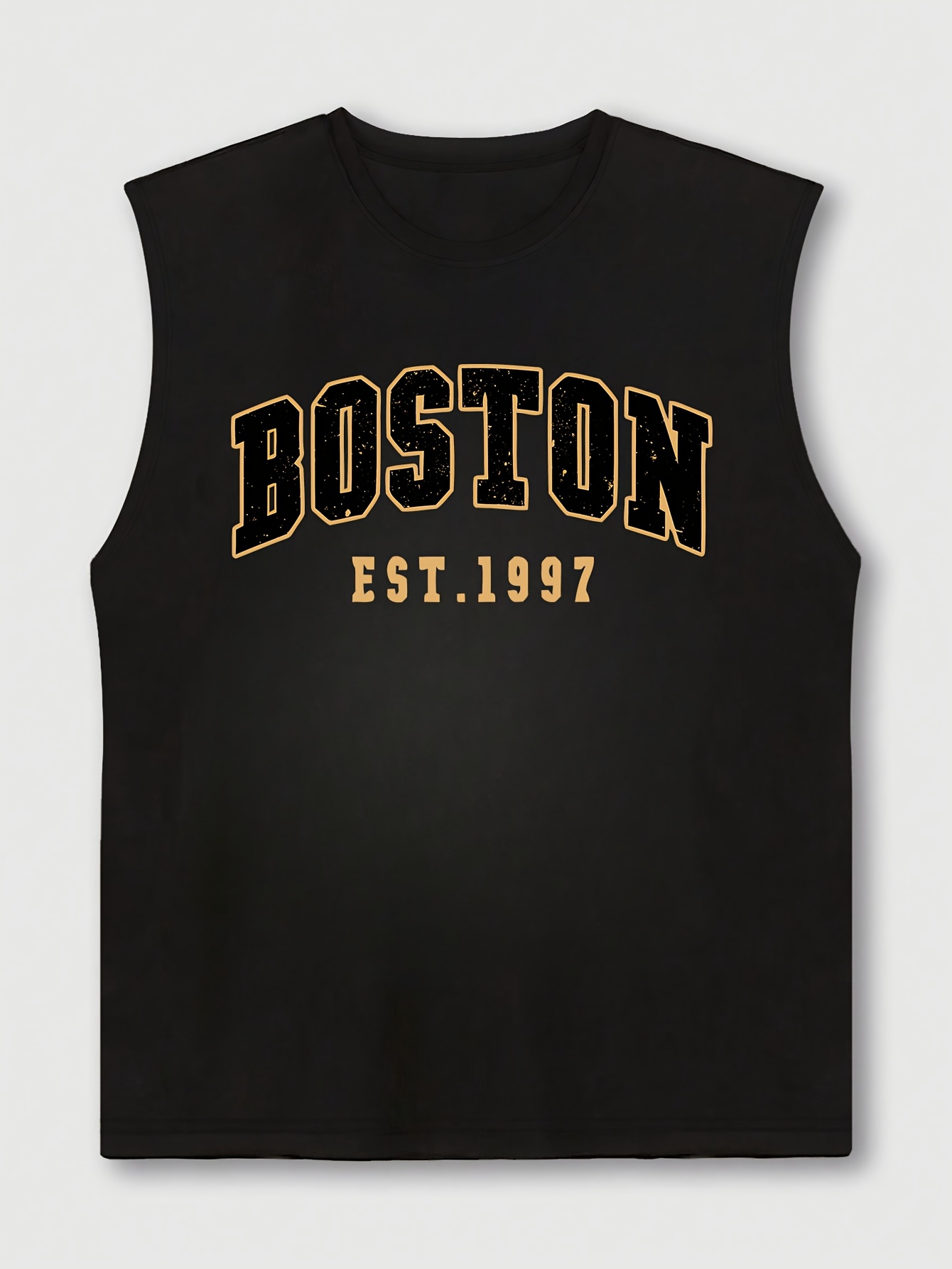 OBM Same Bond Men's Sleeveless Athletic Tank Top with Boston EST. 1997 Print - Black & Golden, Regular Fit, Machine Washable, All-Season Workout & Casual Wear, Sports Apparel, Sporty Look, Nontransparent Fabric