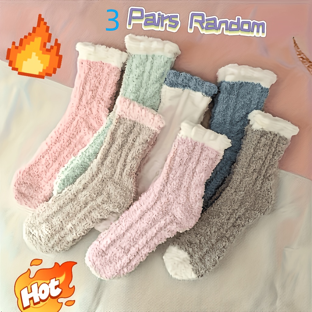 TEMU 3 Pairs Random Color New Autumn Winter Thick Soft Color-block Coral Mid-calf Socks Unisex, Thick Sleep Socks, Loose Non-constricting Home Socks,