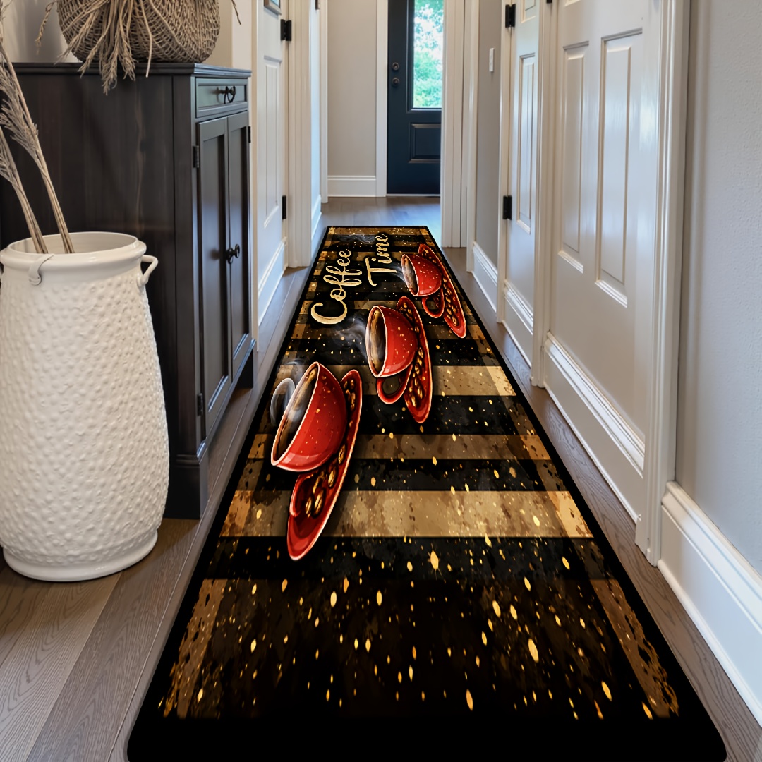 TEMU And Living Room Decorative Floor Mat, Coffee Cup With Steam, Golden "" Print, Long Runner Mat For Home Dining Room Decor, Bar Counter Non-slip