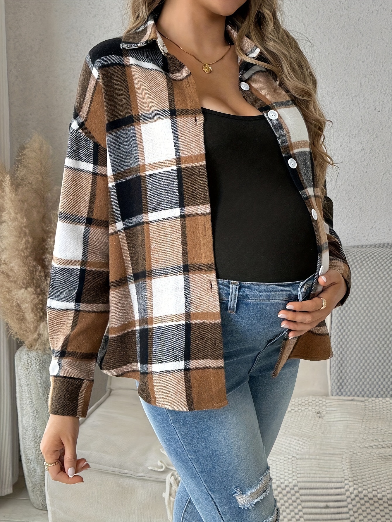 relaxed fit] cozy plaid long sleeve maternity shirt casual Temu