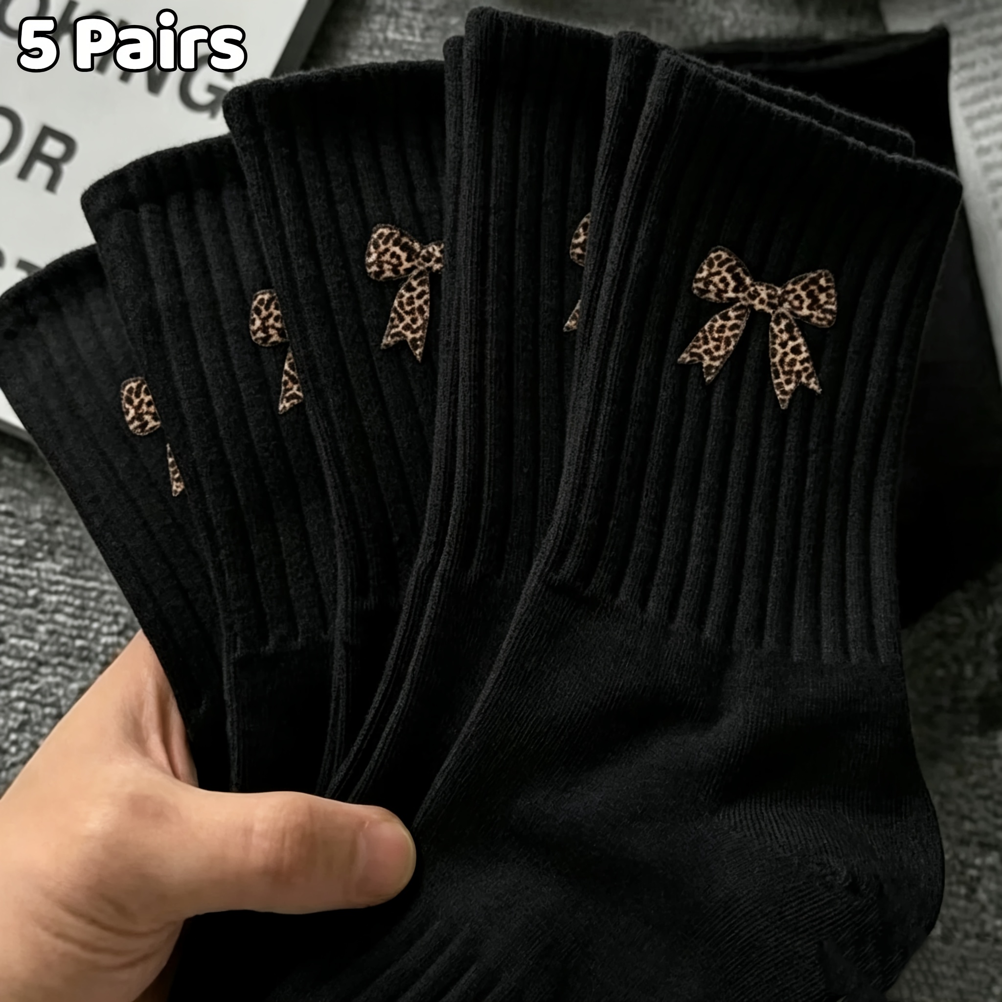 TEMU 20/10/5/1 Pairs Women's Mid-calf Crew Socks, Leopard Print Bow Pattern, Solid Color Ribbed Casual Socks, Trendy Y2k -match Socks, Lightweight
