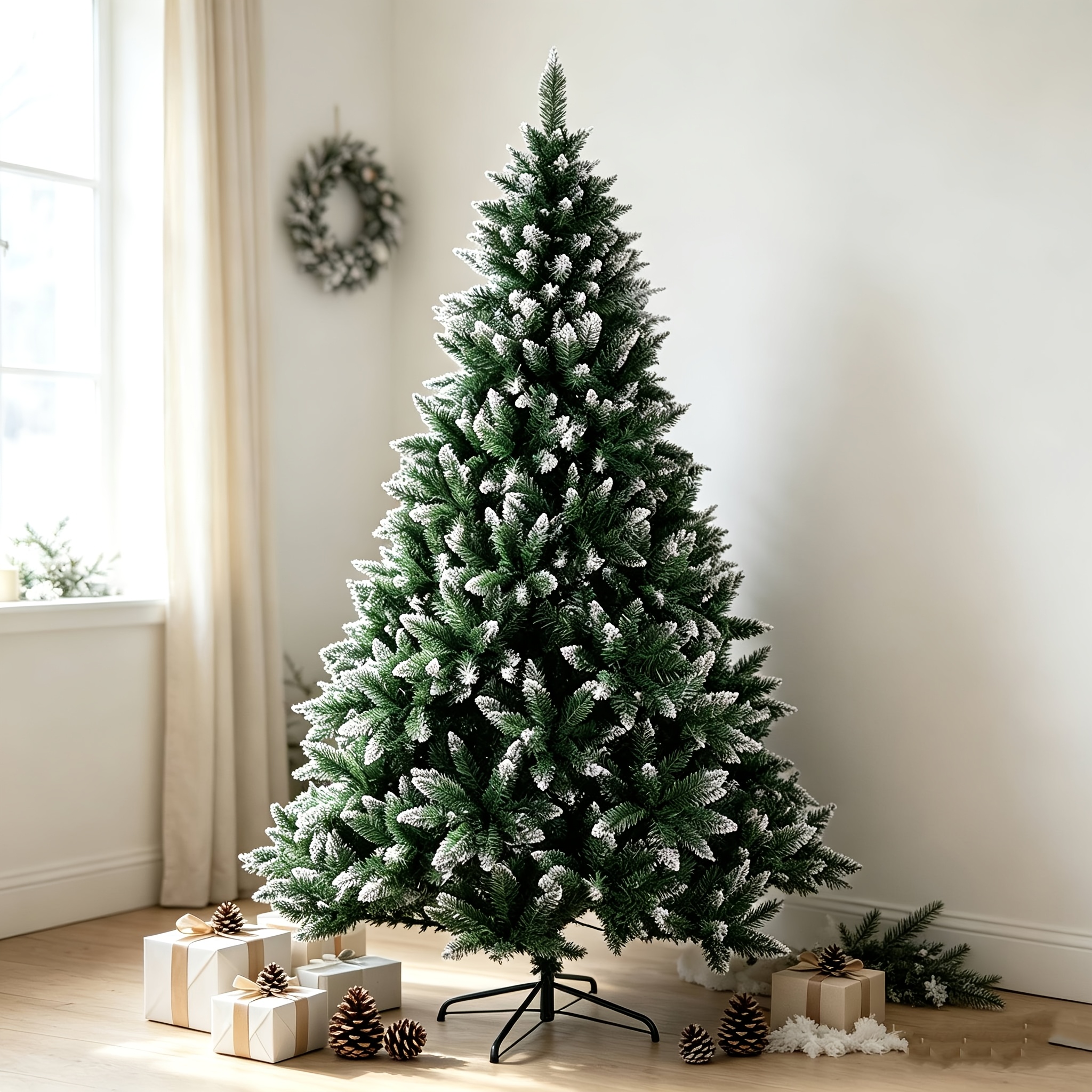 TEMU Árbol de Navidad artificial de 1.5 puntas de PVC 450, pino con bisagras y espolvoreados con soporte de metal, fácil montaje, árbol de Navidad