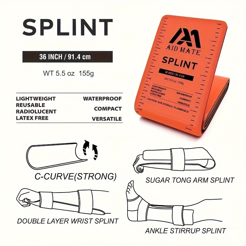 1/7 Outdoor First Aid Splint Set (4 Splints And 2 Tape Combinations) Includes a Storage Bag - Lightweight, Waterproof, And Reusable - Suitable for Outdoor Activities, Camping, Hiking, And Pet Use AID MATE Splints.