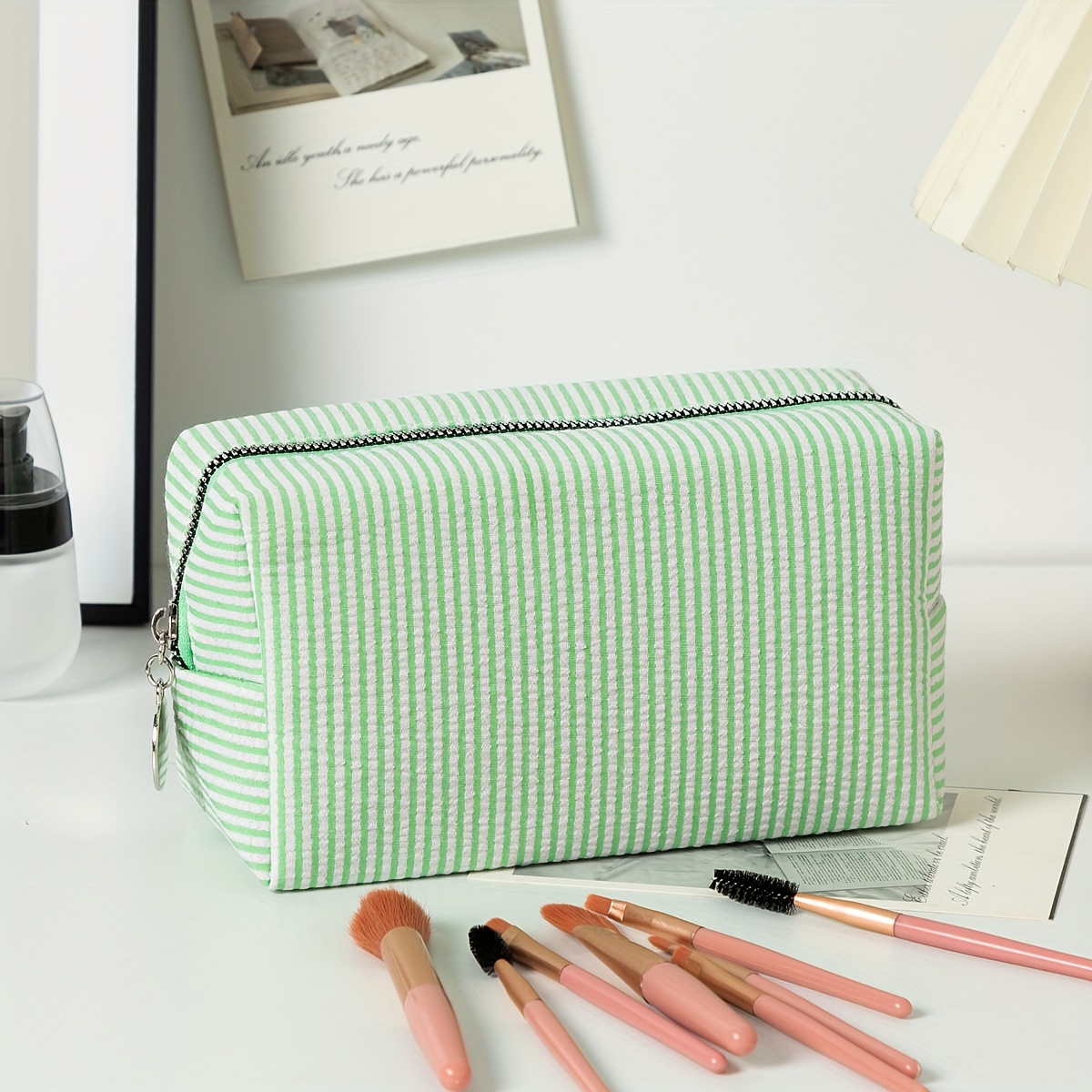 TEMU 1 Custom Embroidered Striped Travel Toiletry Bag - A Personalized Cosmetic Organizer, Zippered Makeup Pouch, And Portable Polyester Storage Case