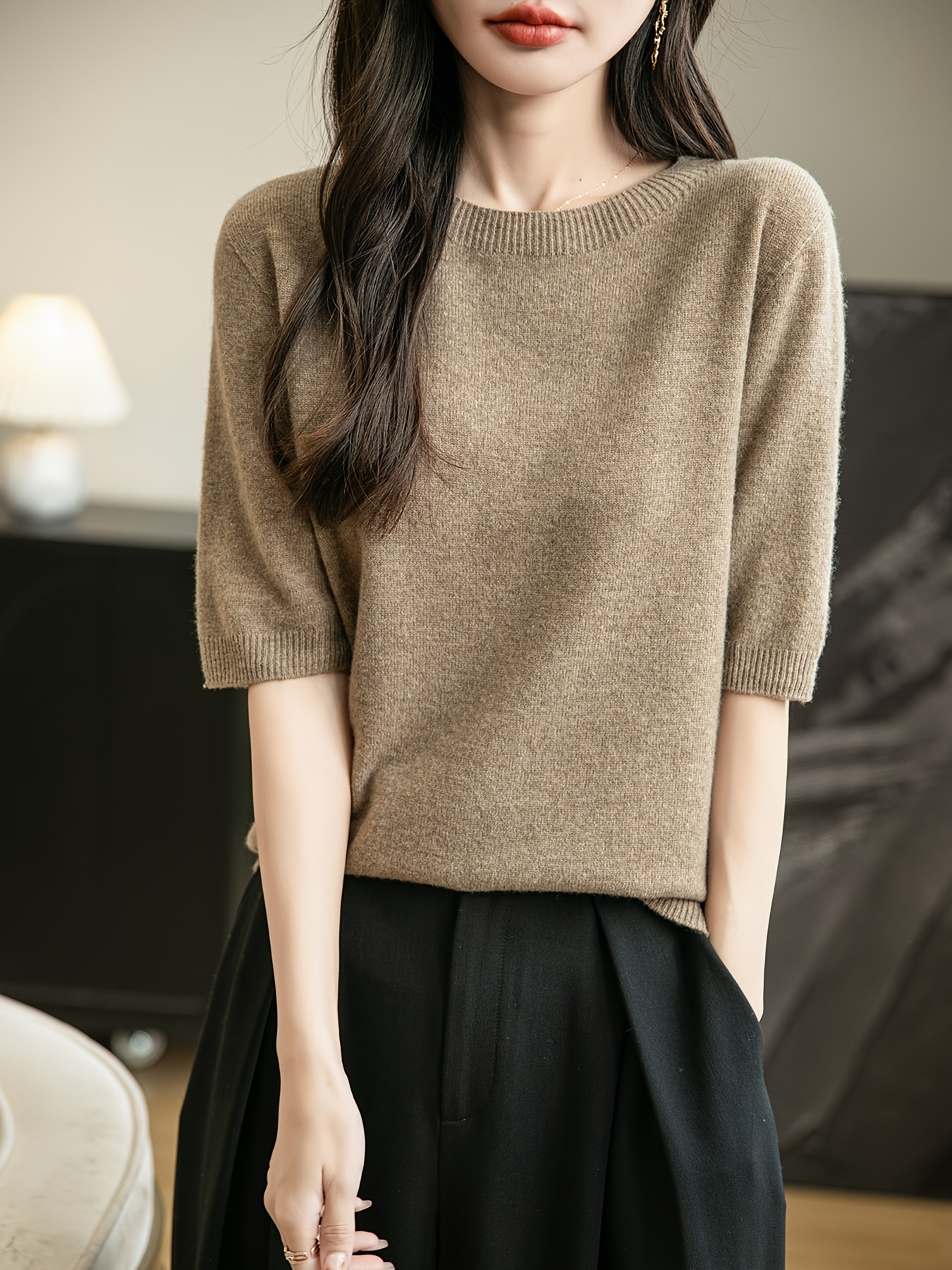 Women'S 100% Merino Wool Winter Seamless Soft Warm Knit Crewneck  Short Sleeve Shirt Pullover Sweater