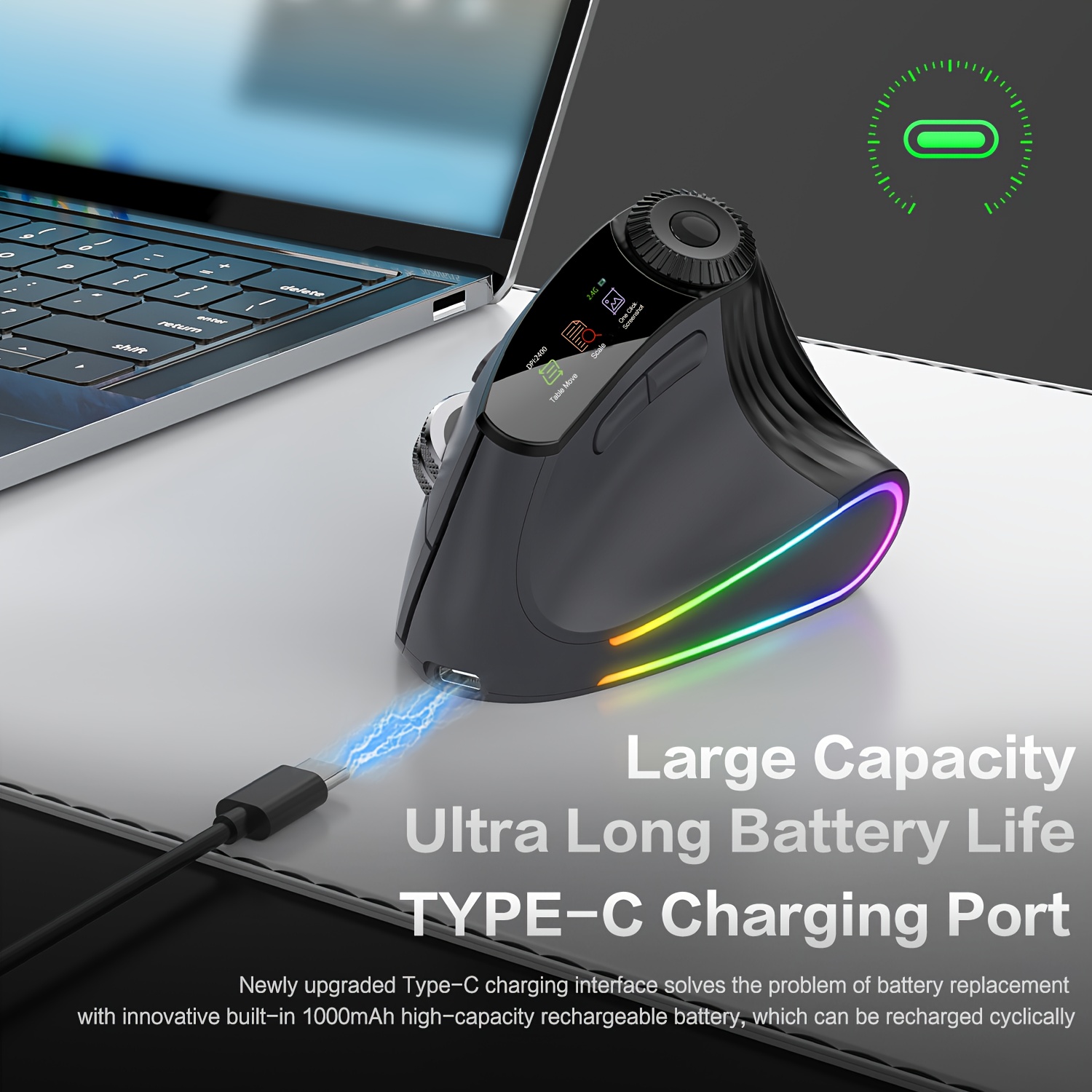 Jomaa RGB Backlit Speed Roller Wireless Vertical Mouse with Function Adjustment Knob Bluetooth USB Ergonomic Mice Slient Click