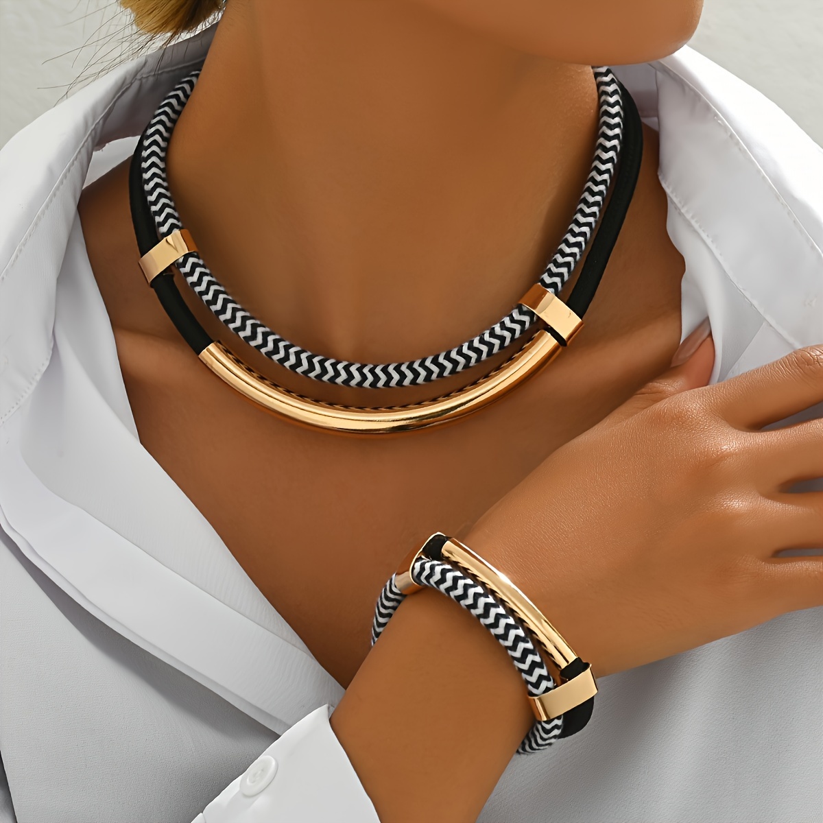 TEMU A Two-piece Collection Featuring A Black And White Thick Double-wire Metal Tube Necklace And Bracelet Set, Perfect For —spring, Summer, Autumn,