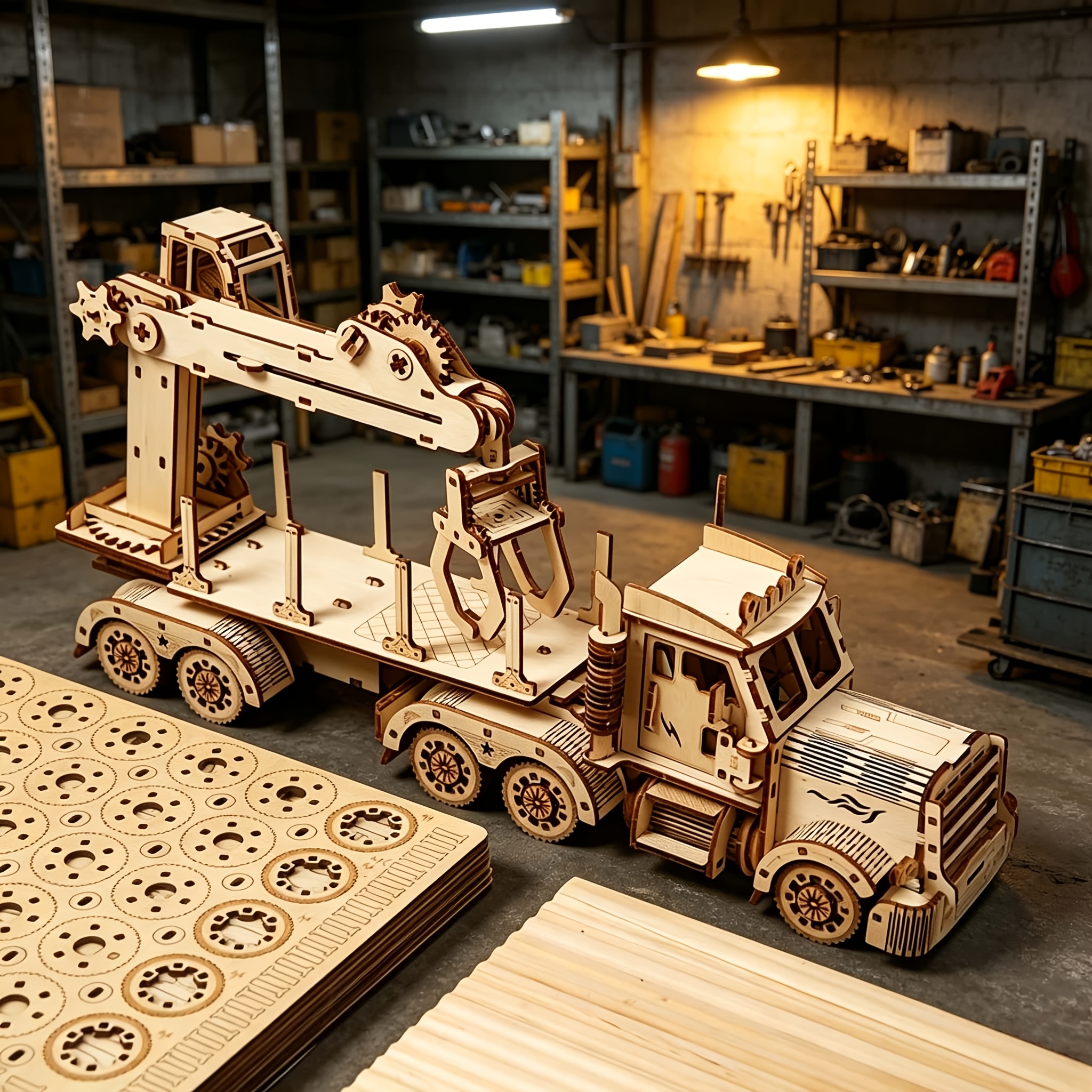 TEMU 1pc 3d Puzzle Handmade Wooden Truck Crane Model Gift Toy, Enhancing And Concentration, Easy To Assemble Holiday Gift, Christmas Present, Desktop