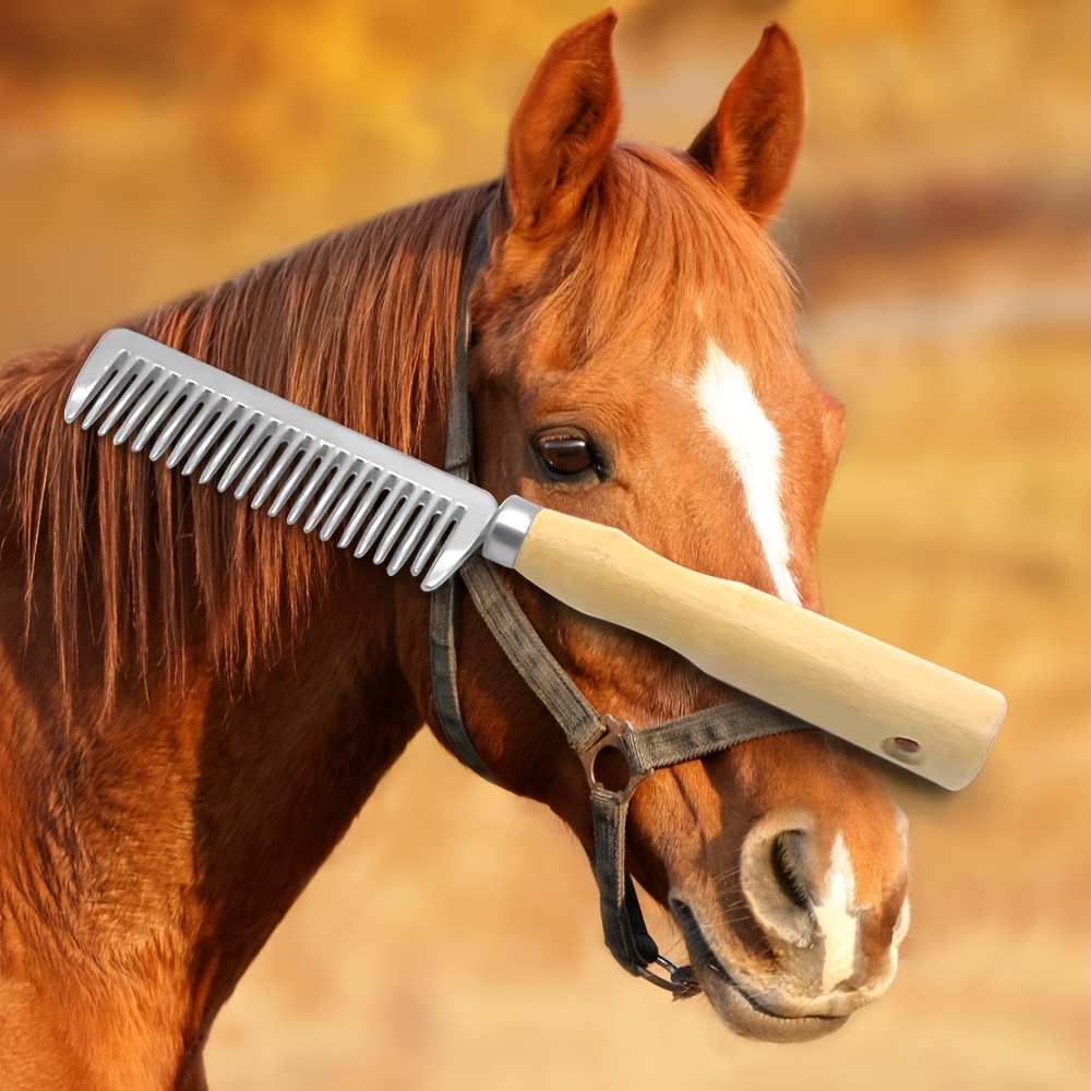 

Aluminum Alloy & Tail Comb With Wooden Handle, Equine Grooming Tool For Ponytail Care, Horse Beauty Supplies