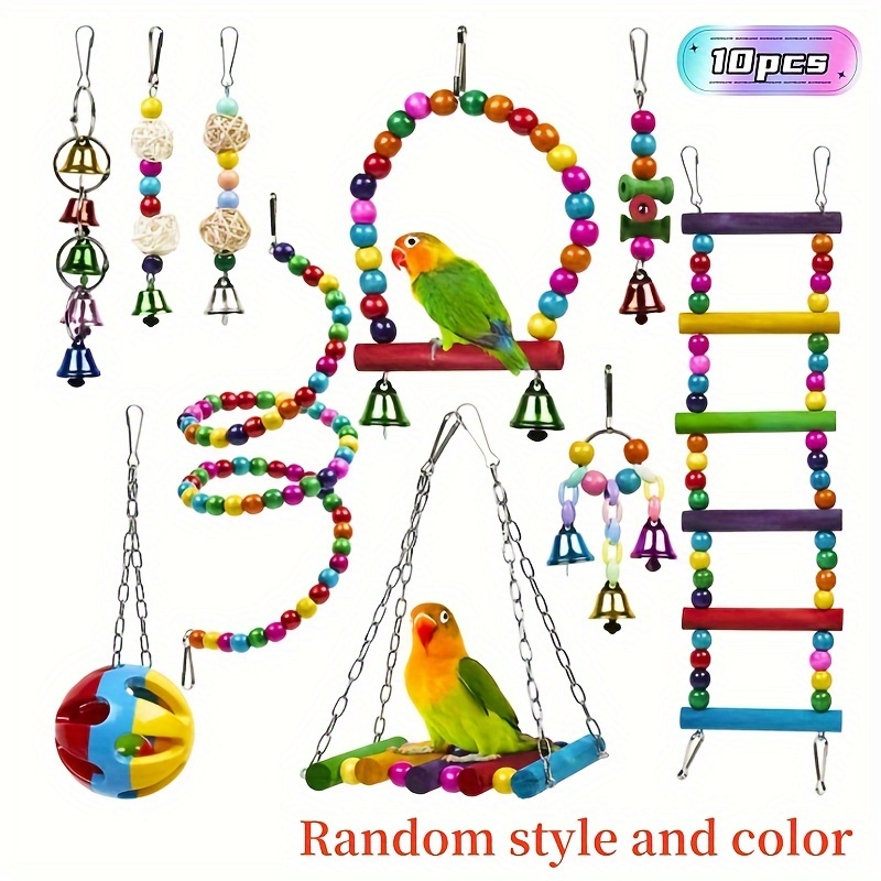 Image of 3/5/7/10pcs Bird Toy Set Swing Climbing Ladder Stairs Colorful Bells Educational Training To Boredom Chew Small And Medium Parrot Toys Random Colors