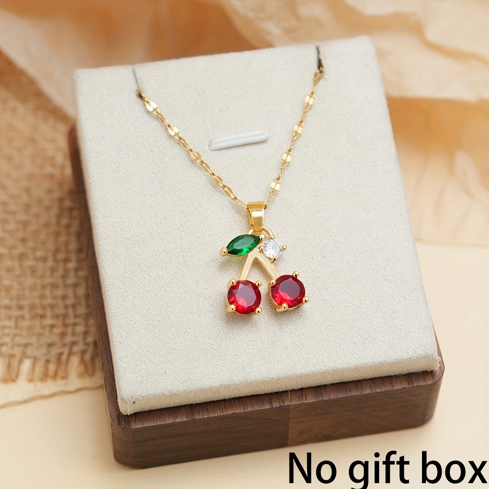E-shop Modische Zirkonia Kirschen Anhänger Halskette Geeignet für Damen Alltagskleidung Edelstahl Schlüsselbeinkette Urlaubs Schmuck Geschenke