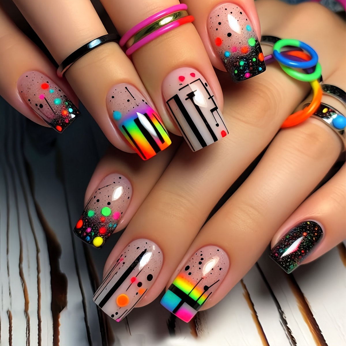 

12.13-shy-5711 24pcs Trendy Polka Dot Vertical Bar Musical Note Rainbow Gradient Short Square Acrylic False Nails