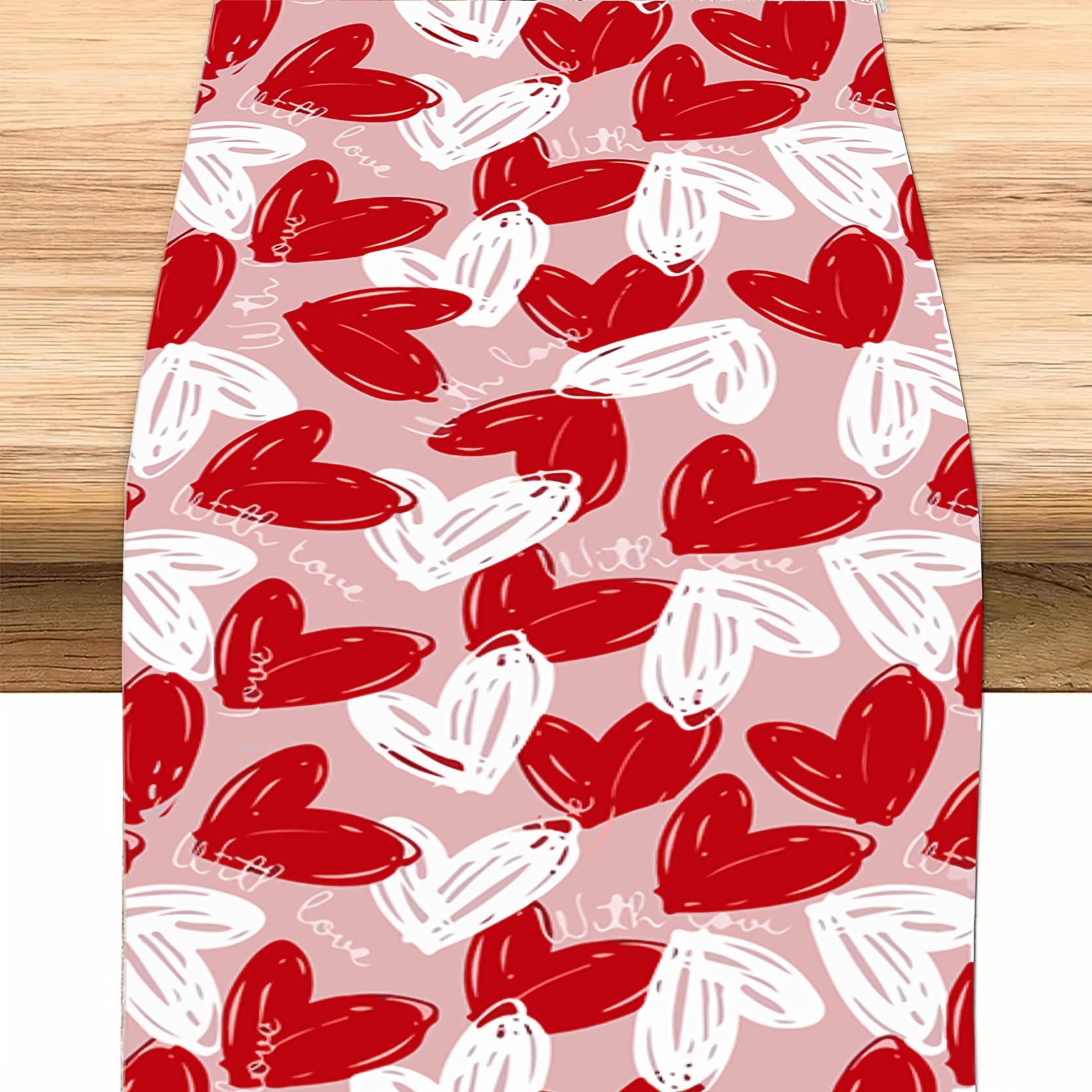 

Happy Valentine's Day Table Runner - Red , Romantic Dinners & Holiday Parties, Polyester , Rectangular, Woven - Ideal For Kitchen, Fireplace, And Home Decor