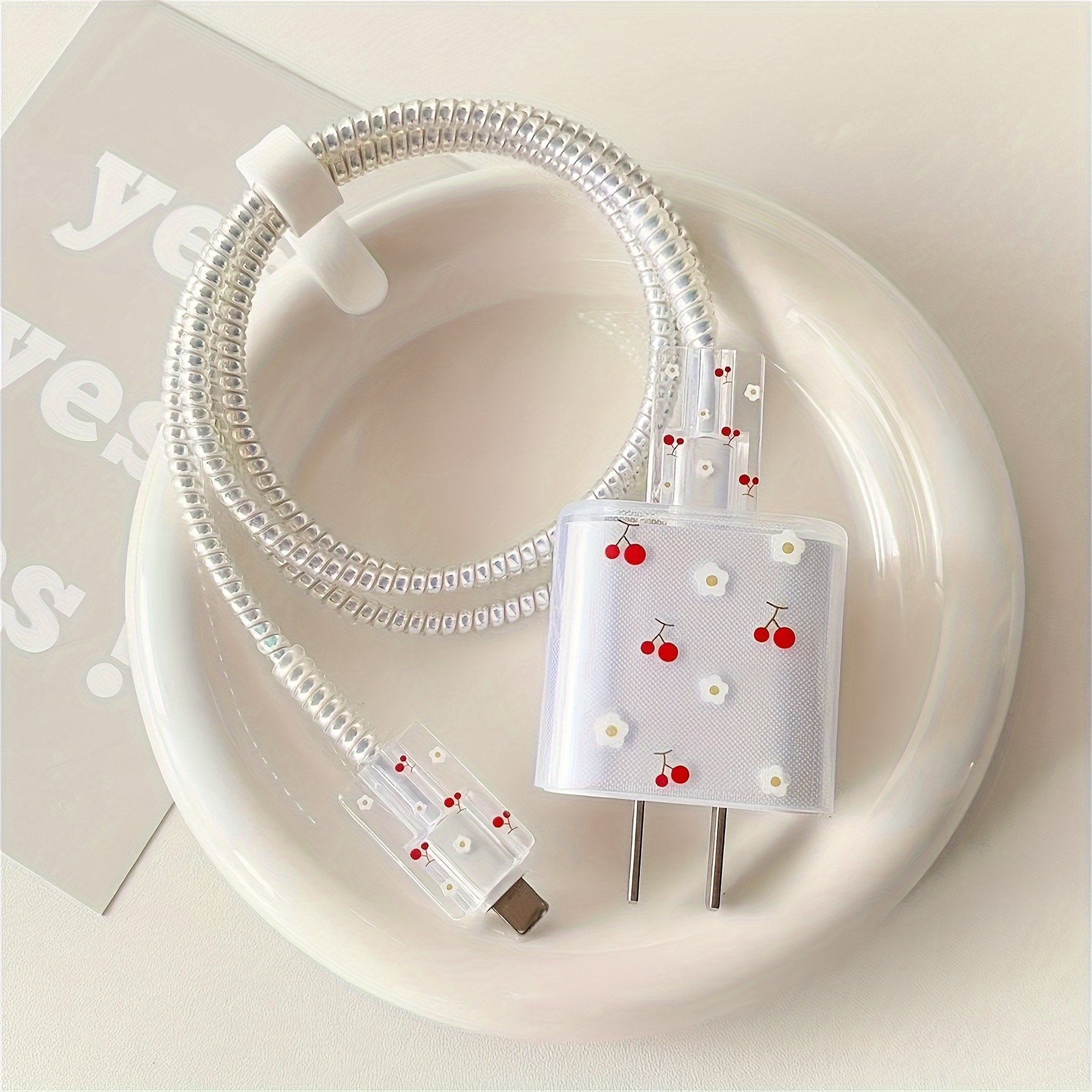 

5pcs/set Cherry Pattern Protective Case For Charger And Charging Cable, Suitable For 18/20w Iphone Charger