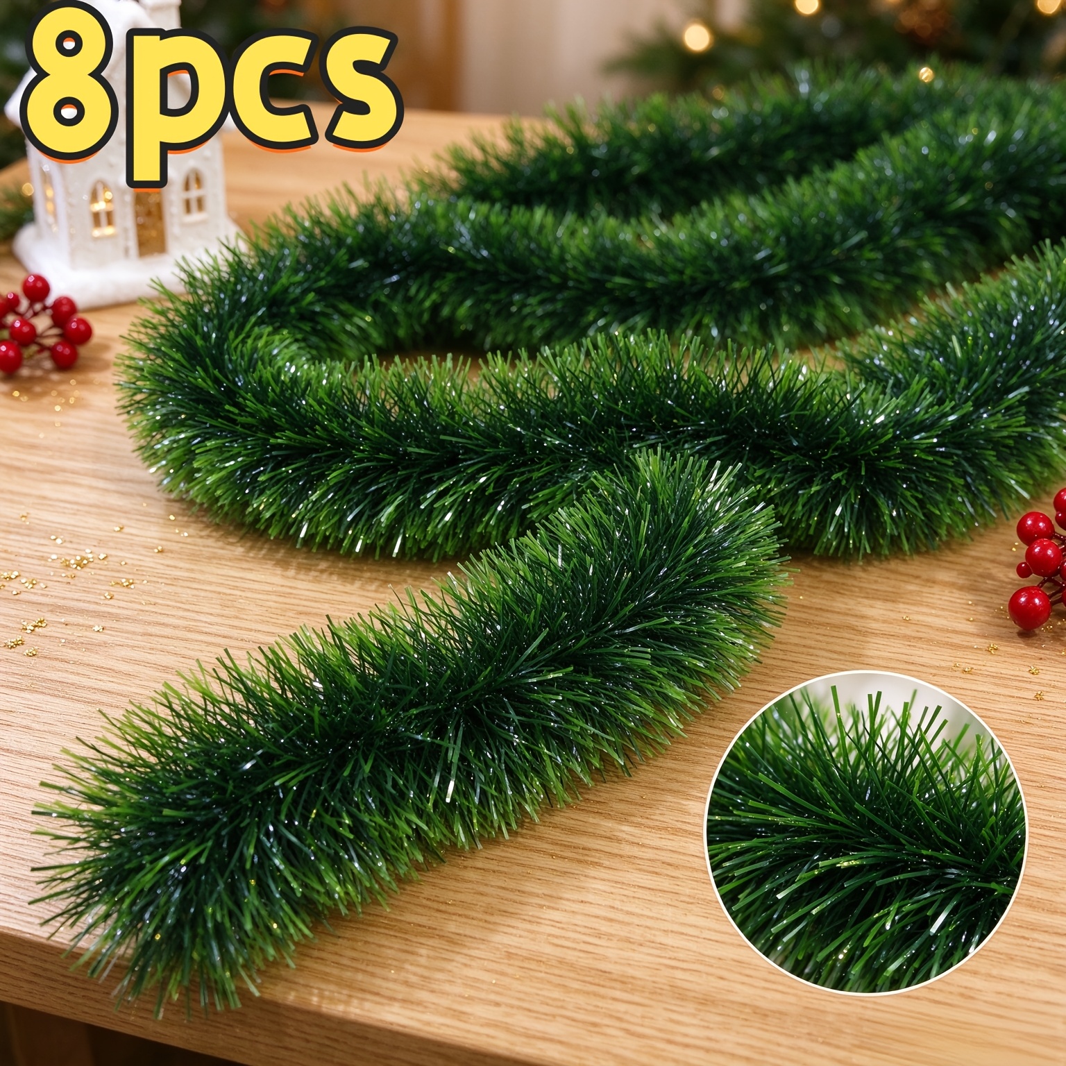 TEMU 16 mètres = 8 pièces de guirlande de Noël extra-large vert , décorations de suspension flexibles pour les fêtes, adaptées aux rampes d'escalier,
