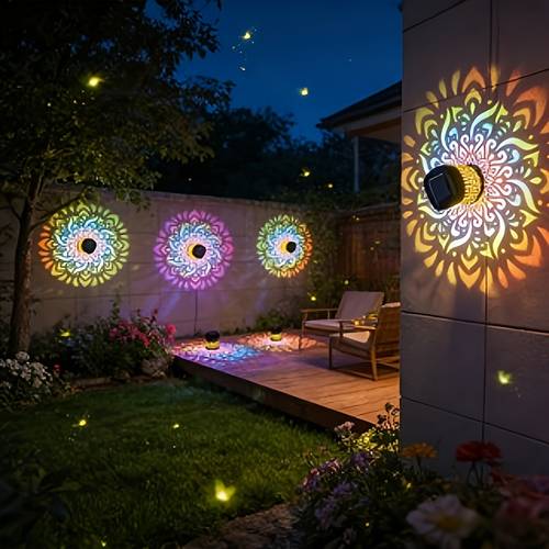 1pc solar color changing mandala solar outdoor fence light with projection wall lamp led solar light with motion sensor suitable for garden patio stairs courtyard street backyard front door