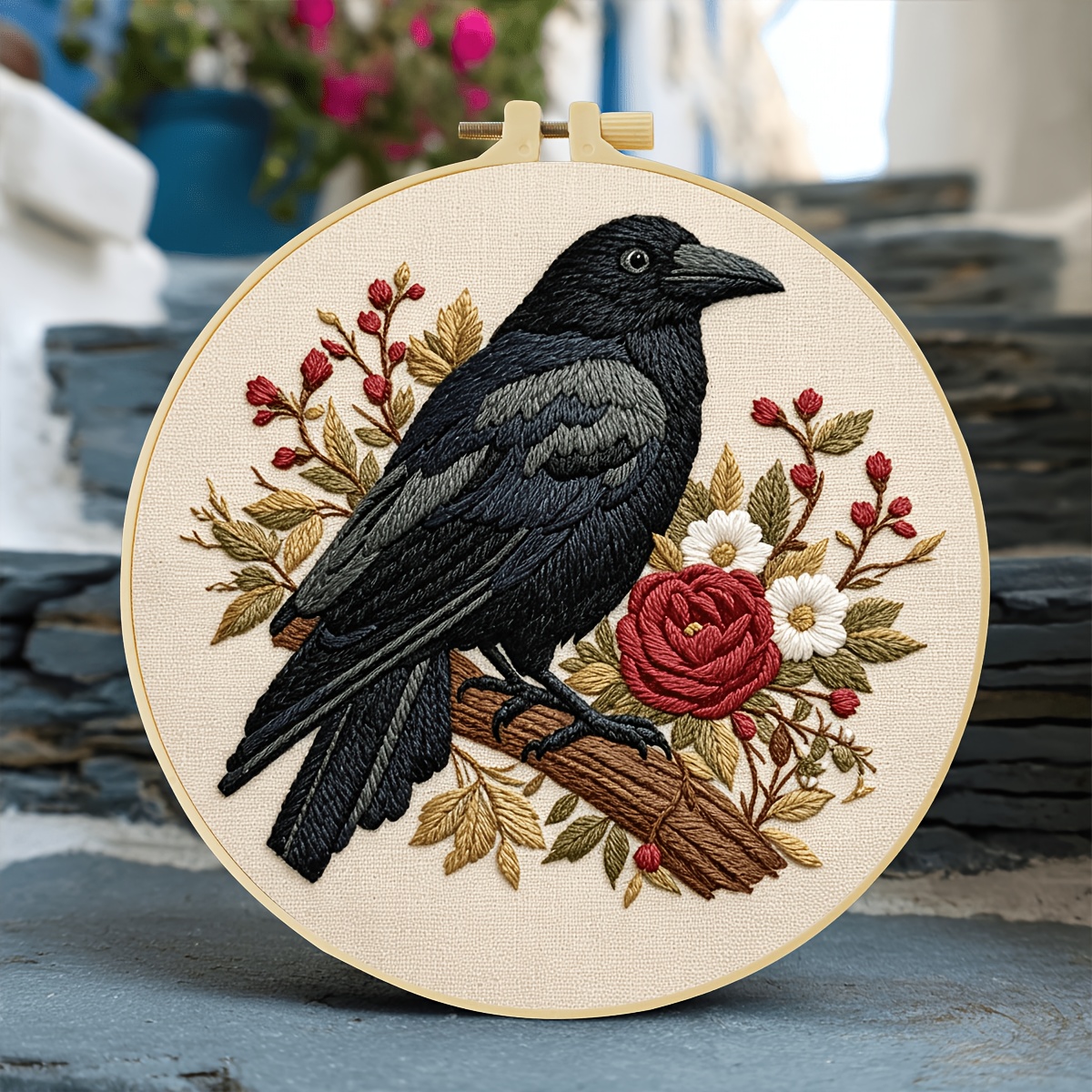 Complete Beginner Embroidery Kit with Black Crow Design