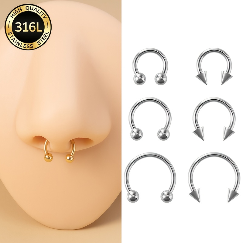 6pcs Stainless Steel Hoop Earrings & Nose Rings Set