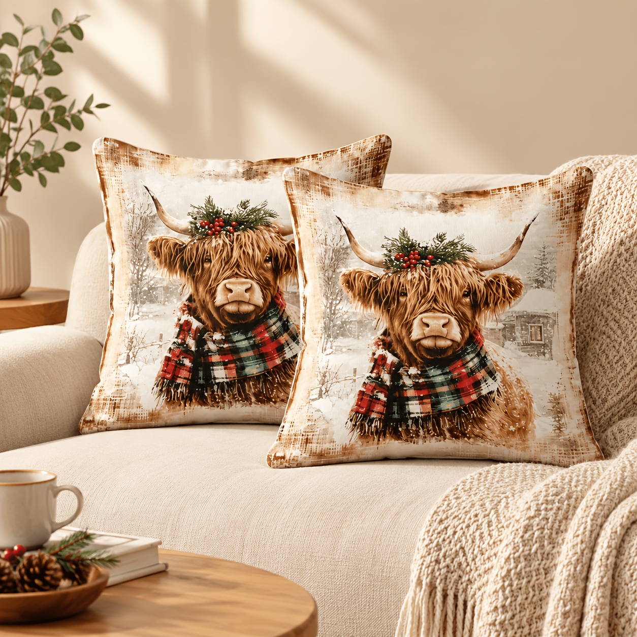 TEMU Set Of 2 Highland Cow Velvet Pillow Covers, Featuring A Festive Holly Design For Christmas, Soft Decorative Cushion Covers, Machine Washable,