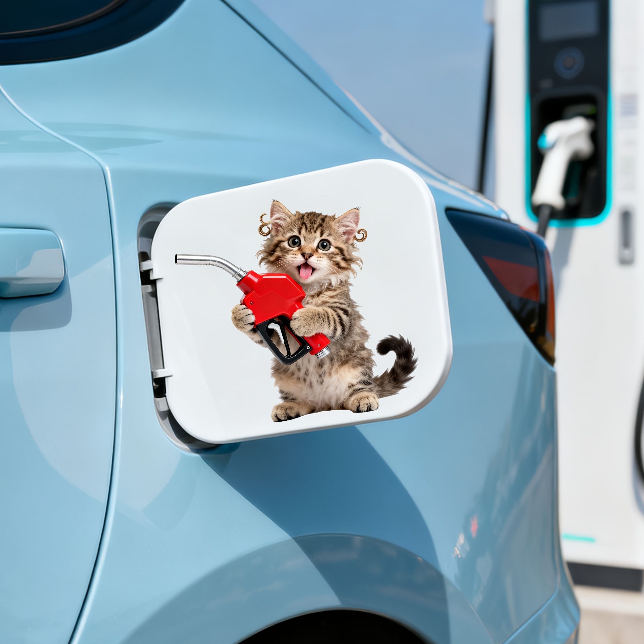 TEMU Curly Hair Kitten Car Stickers - Cute Cat Holding Gas Tank Vinyl Decal - Self Adhesive Glossy Sticker For Cars Fuel Door - No Residue - Cartoon