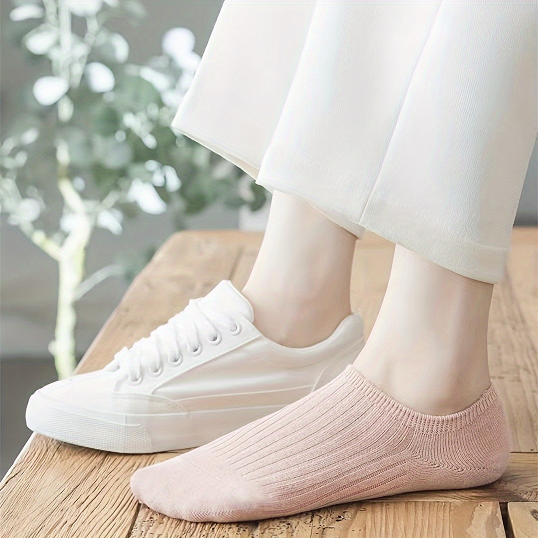5-Pack Women's Elegant Invisible No-Show Ankle Socks - Soft Polyester Blend, Seamless Comfort, All-Season Wear, Assorted Neutral Colors (White, Light Blue, Pink, Grey, Black), Cute Socks, Casual Footwear, Minimalist Design, Comfortable Wear