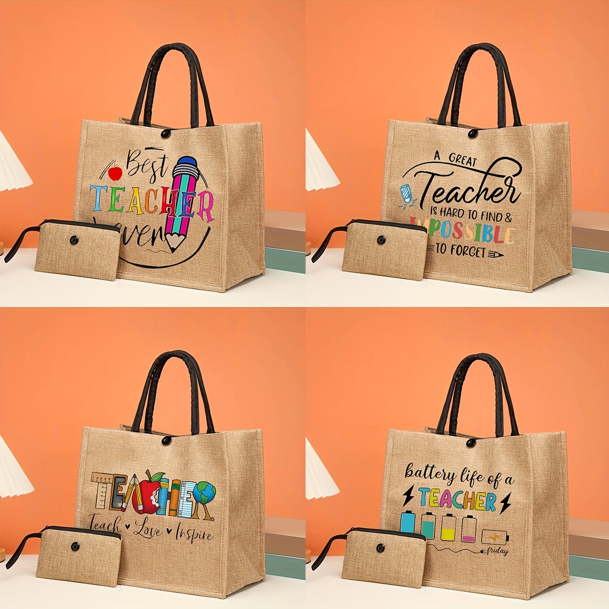 

2pcs Teachers Pattern Tote Bag Set, Lightweight Burlap Shopping Bag, Portable Travel Beach Bag With Makeup Bag