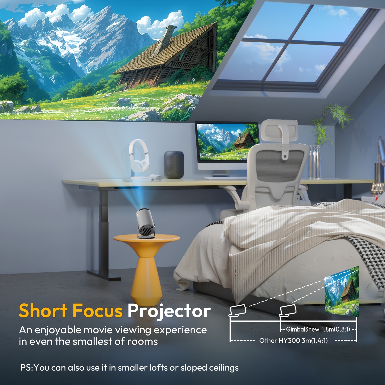 XGODY HY300 PRO Smart Mini Projektor, unterstützt 4K mit WLAN und eingebauten Anwendungen, verfügt über Autofokus und Trapezkorrektur, Audio, Zoom-Funktion, lokale 720P Auflösung für Filme und ist ein tragbarer Mini-Outdoor-Projektor in Weiß