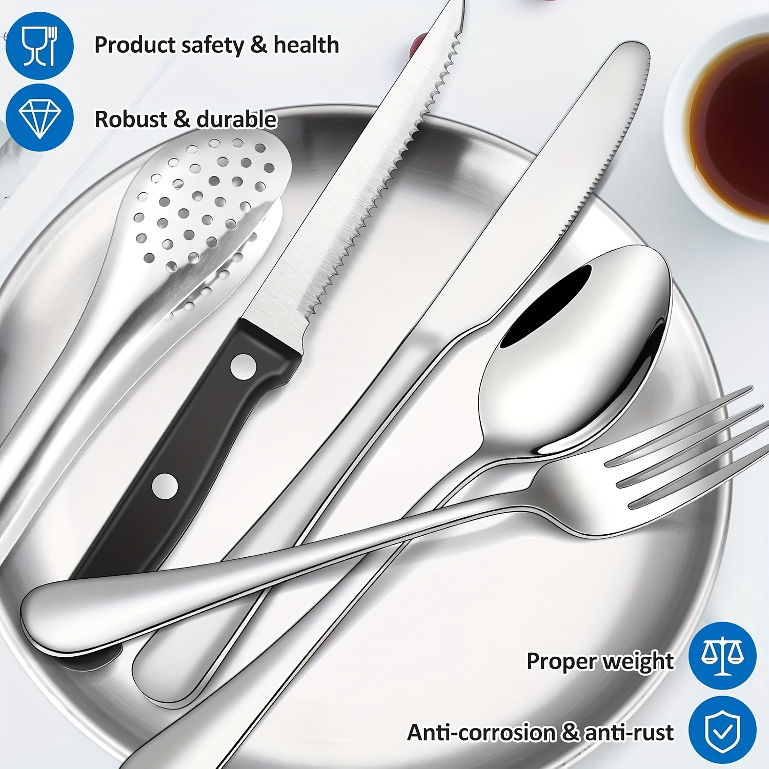 personalized customization camping silverware set including knives forks spoons plates cutlery storage bags picnic set stainless steel plate spoon clip and serrated knife bottle opener camping kitchen barbecue golden and silvery   thanksgiving Product details 3