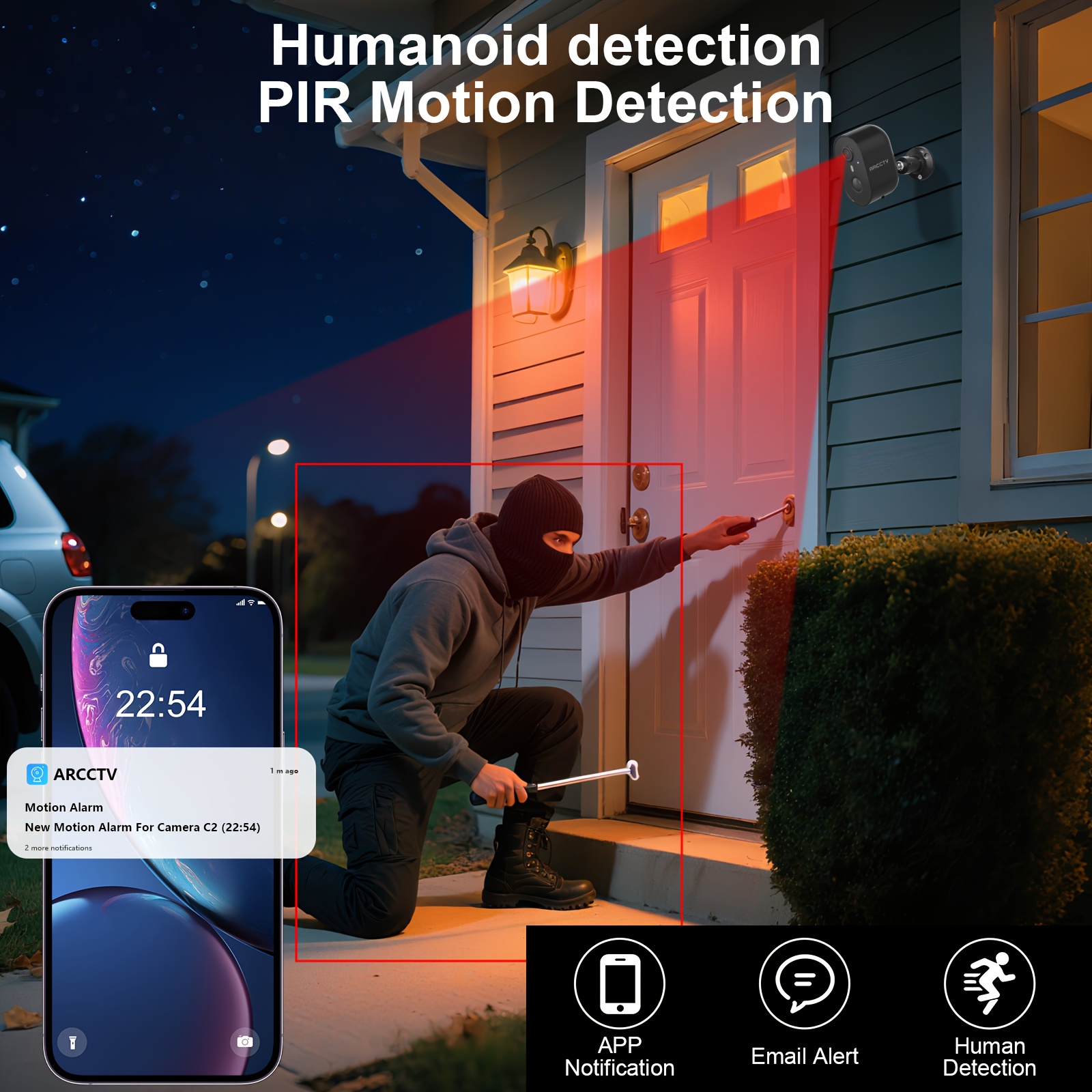Projecteur de sécurité extérieur sans fil à énergie solaire, modes de vision nocturne intelligentes, vision nocturne couleur, détection de mouvement IA, conversation bidirectionnelle, sirène de projecteur, compatible Alexa, indice de résistance aux intempéries – Image 9