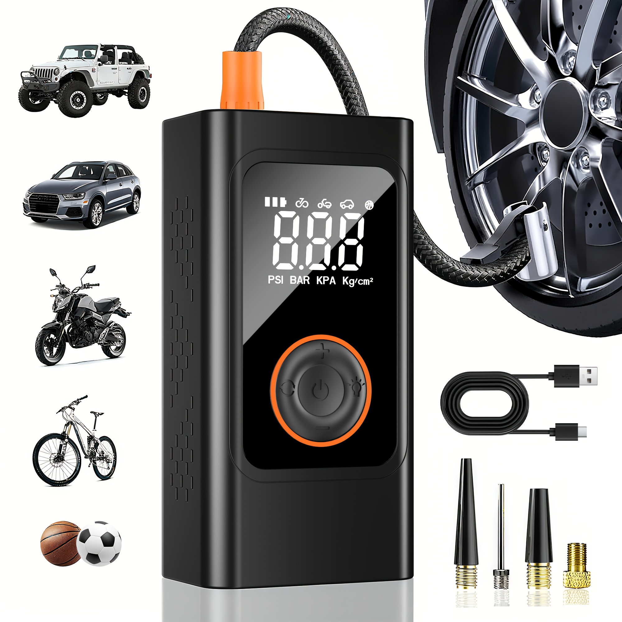 TEMU Portable Tire Inflator - 150psi Air Compressor | With Pressure , Usb-c Fast Charge & Led Light, For Car, Motorcycle, Bike, Balls