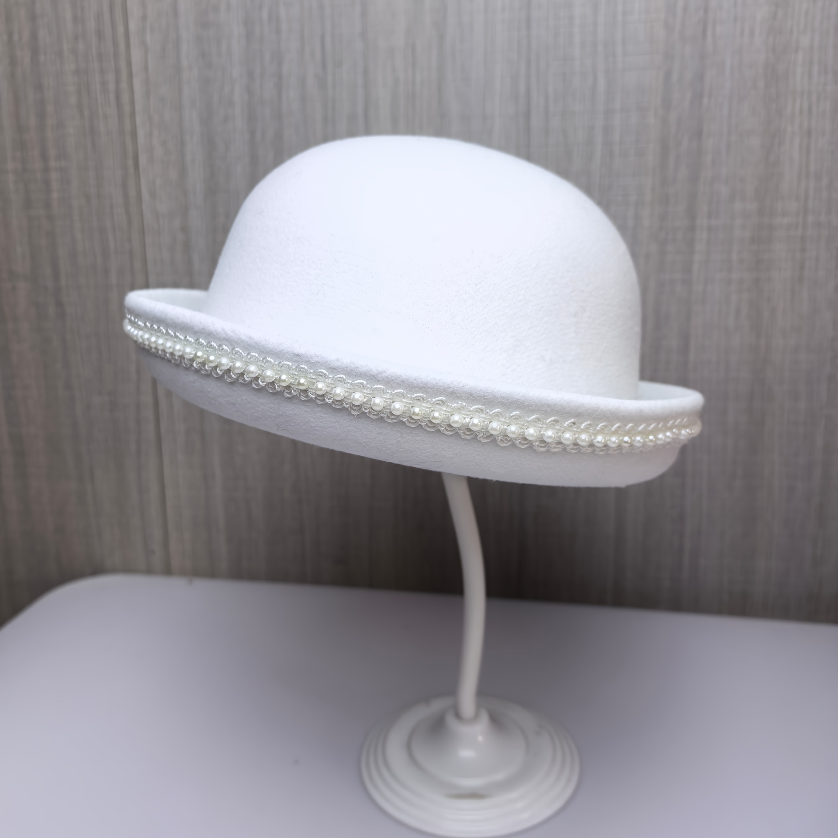 TEMU Vintage Rolled-brim Dome Top Small Hat, Women's Lace Trim Short Brim Basin Hat, Autumn/winter Felt Hat For Formal Attire