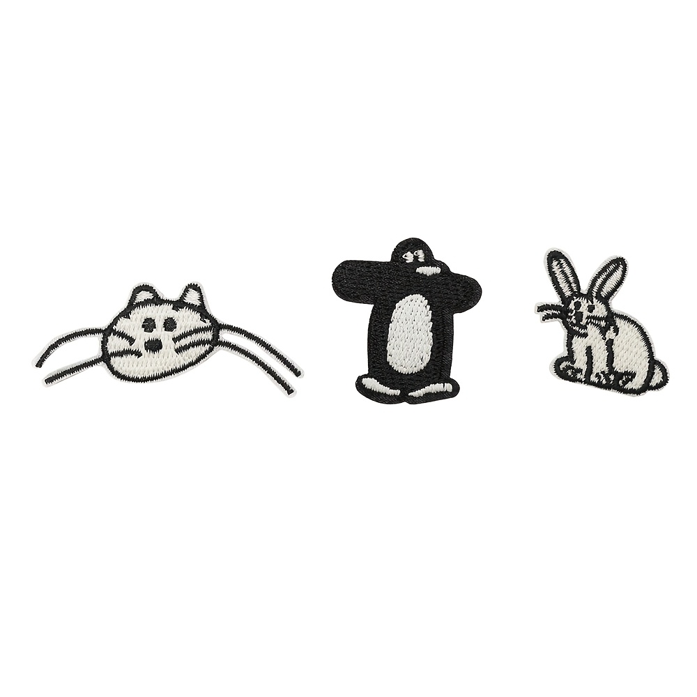 TEMU 3 Small Black And White Embroidered Iron-on Patches (2.6-5cm) Featuring Animals: Kittens, Bunnies, And Penguins, For Clothing, Bags, And Hats,