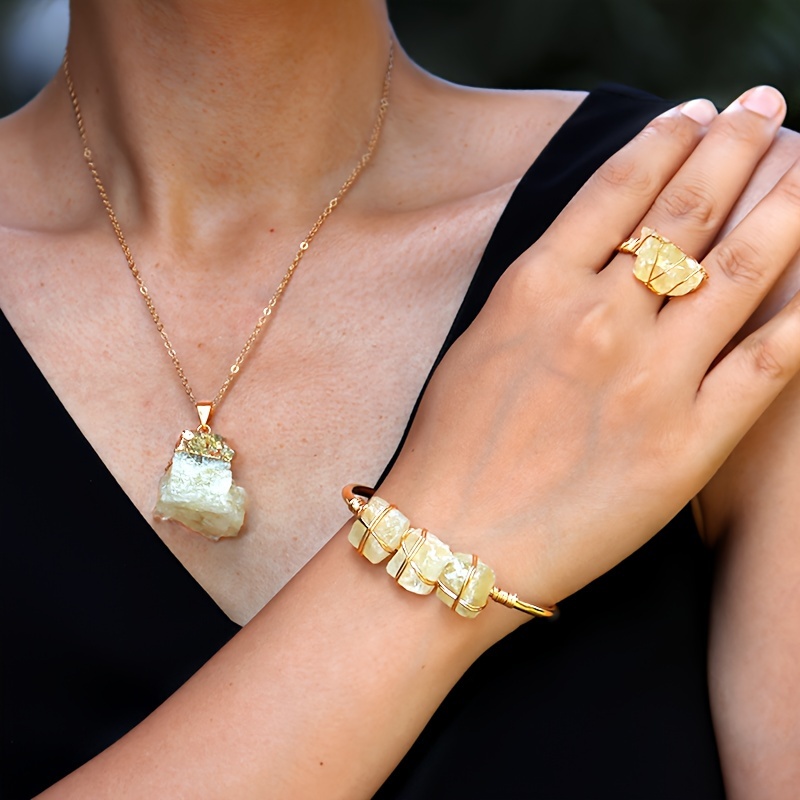 

Vintage Bohemian Style Cuff Bracelet Set With Natural Citrine Necklace And Open Ring Jewelry - Perfect Gift For Thanksgiving/christmas, Vocation Jewelry Set For Your Love