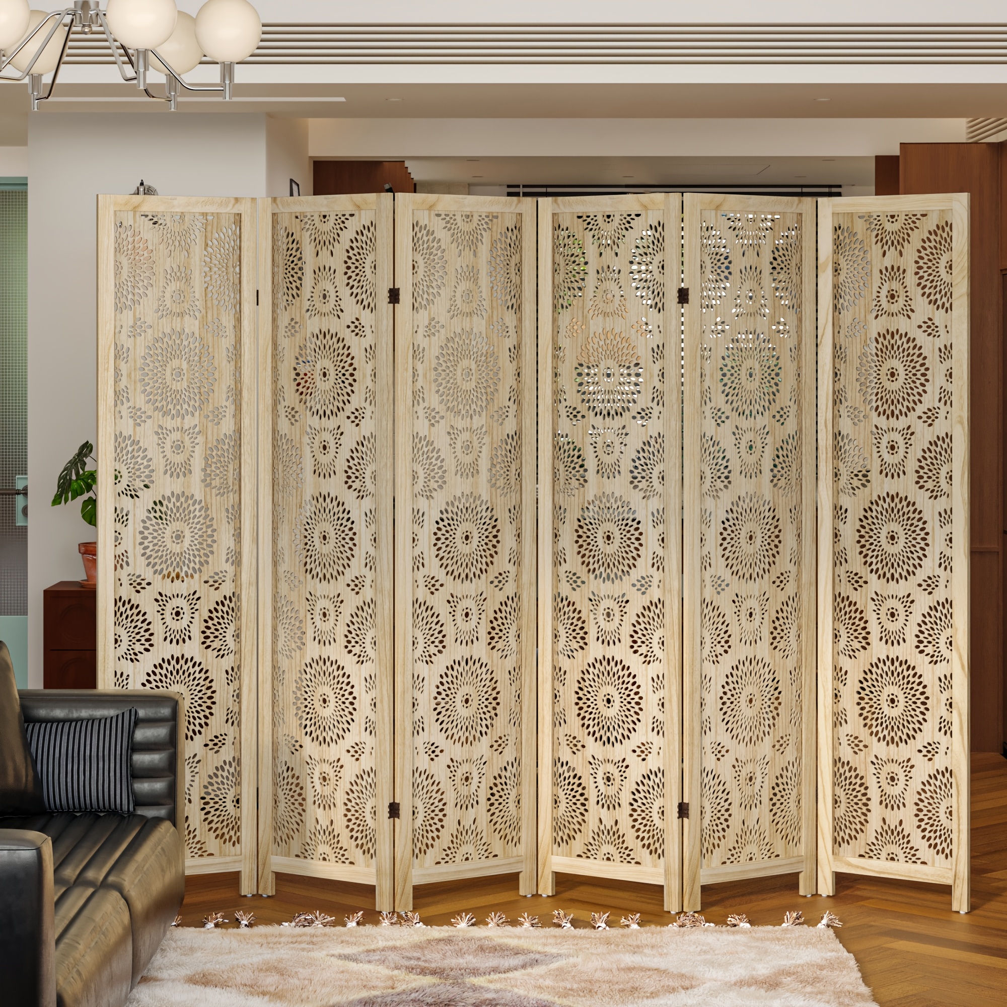 6 Or 4 Panel Wood Screen Room Divider, Farmhouse Style Carved Boho Wall Dividers Folding Screens, Freestanding Hollow Partition Privacy Screen for Home Office Bedroom Studio Apartment, Natural